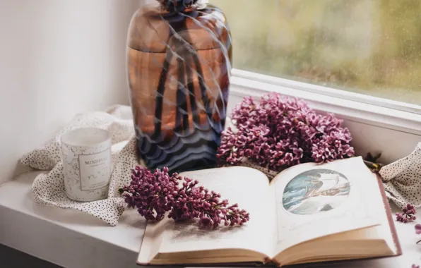 Окно, книга, ваза, сирень