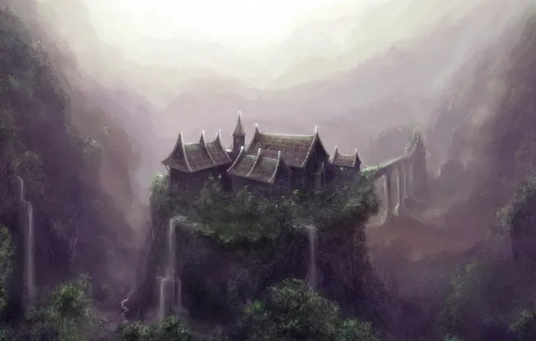 Картинка дом, обрыв, водопад, Рисунок