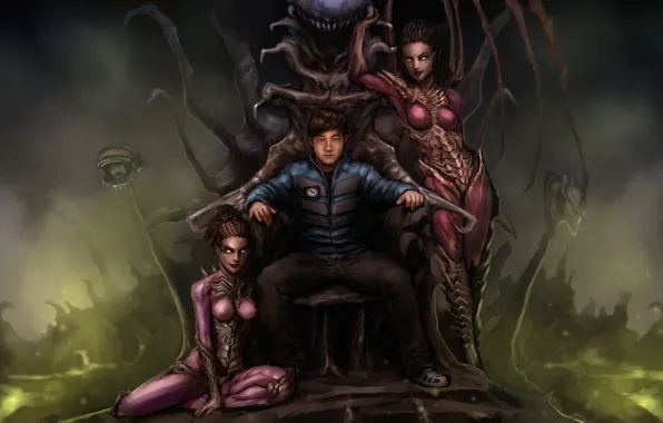 Парень, трон, art, Sarah Kerrigan, StarCraft, Queen of Blades