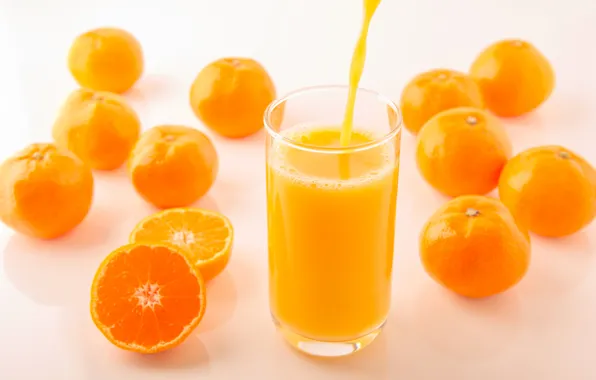 Картинка стакан, желтые, сок, фрукты, оранжевые, цитрусы, струя, боке
