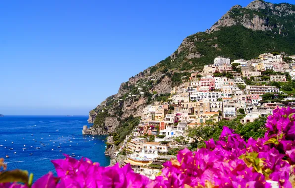 Цветы, природа, город, скалы, побережье, дома, Италия, Italy