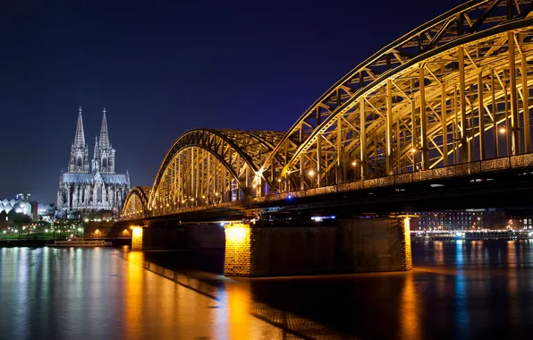 Дорога, ночь, мост, город, река, Германия, освещение, Germany
