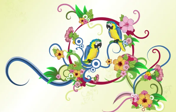 Картинка цветы, пара, попугаи, двое