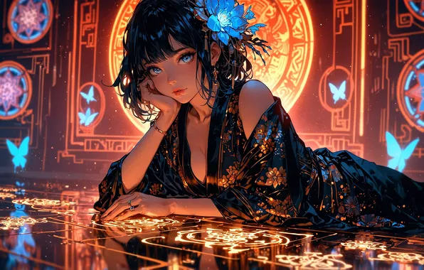 Girl, anime, flowers, neon, kimono, Ai art