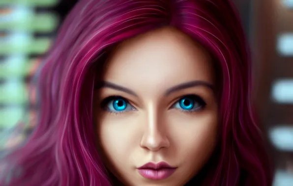 Girl, long hair, art, blue eyes, lips, face, redhead, painting