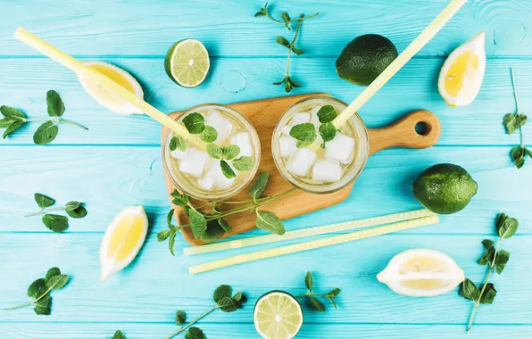 Лёд, лайм, стаканы, мята, Lime, лимонад, mint, cocktails