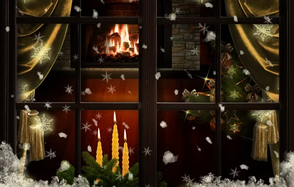 Картинка снег, украшения, снежинки, елка, свечи, окно, Рождество, Новый год