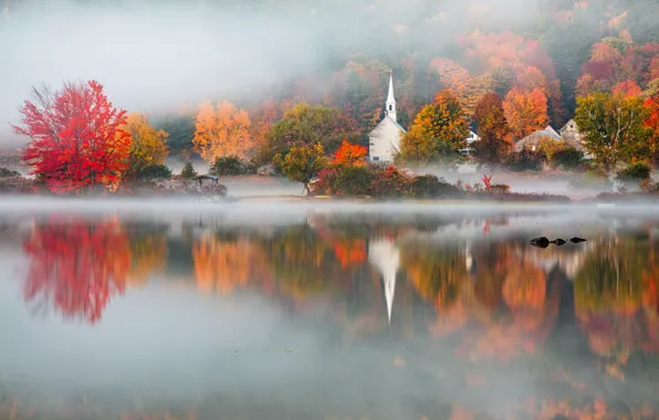 Картинка осень, туман, озеро, Eaton, NH