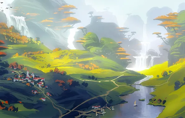 Картинка river, trees, nature, art, mountain, waterfall, painting, digital art