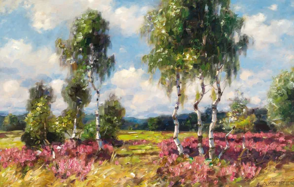 1908, German painter, немецкий живописец, Alexander Max Koester, Birches in a heath landscape, Березы в …