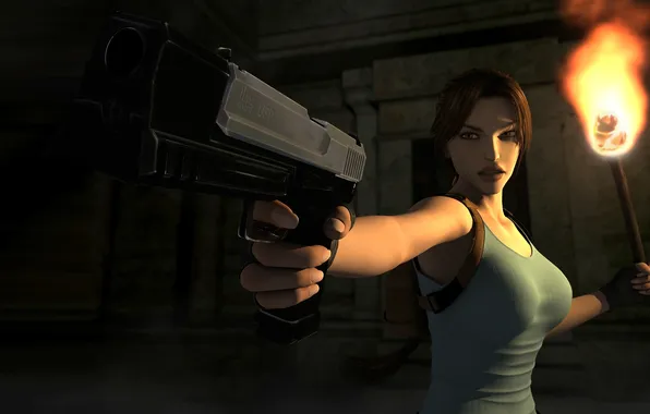 Картинка пистолет, арт, факел, Tomb Raider, Лара Крофт, рюкзак, Lara Croft