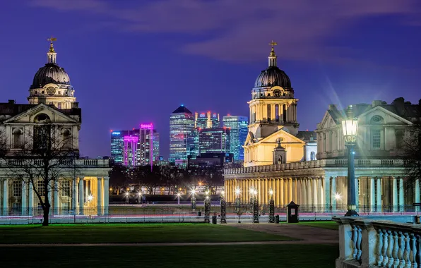 Картинка ночь, город, парк, Англия, Лондон, здания, освещение, Великобритания