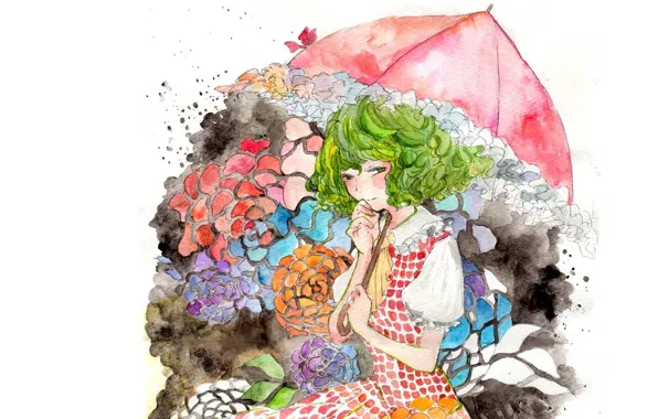 Зонт, акварель, зеленые волосы, kazami yuuka, рюшечки, белая блузка, проект Восток, touhou project