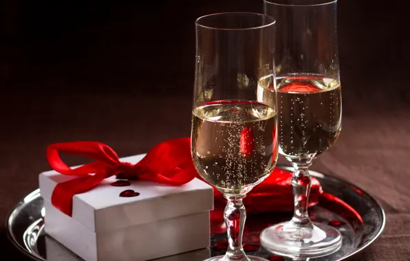 Картинка коробка, подарок, романтика, шампанское, бант, gift, champagne