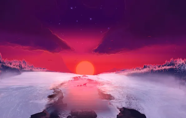 Закат, Солнце, Природа, Зима, Река, Fantasy, Пейзаж, Nature