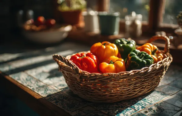 Свет, стол, урожай, кухня, тени, перец, натюрморт, корзинка