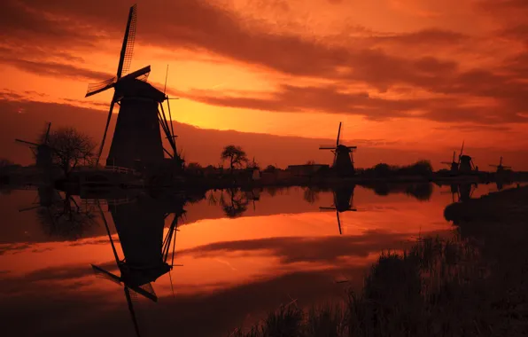 Небо, Мельницы, Kinderdijk Sunset, Нидерланды, Windmills