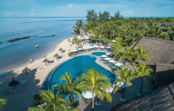 Пляж, тропики, пальмы, бассейн, курорт, Индийский океан, Маврикий, Mauritius