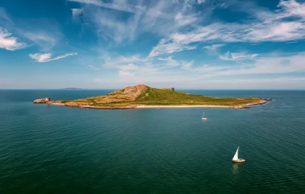 Море, небо, облака, синева, птица, берег, остров, лодки