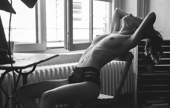 Windows, nipples, boobs, monochrome, model, chair, women, brunette
