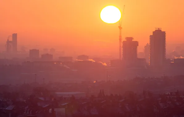 Картинка city, smoke, sun, sunrise, building