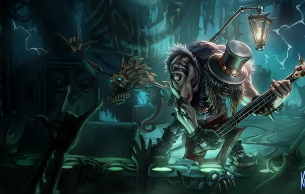 Молнии, сцена, шляпа, концерт, гитарист, черепа, нежить, League of Legends
