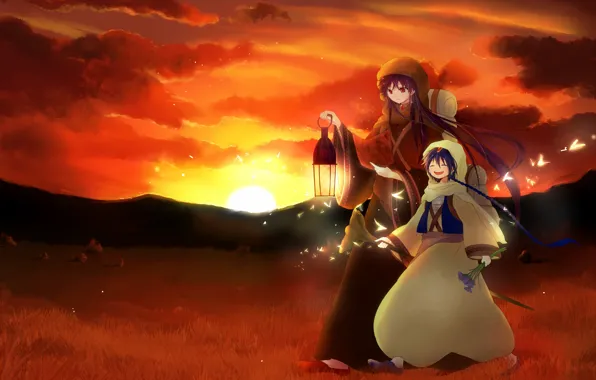 Закат, лампа, парни, Sinbad, Aladdin magi, Magi: the labyrinth of magic, бабочки рукх
