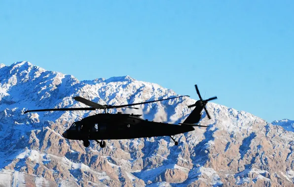 Картинка небо, снег, горы, вершины, американский, UH-60 Black Hawk, «Чёрный ястреб», Сикорский UH-60 «Блэк Хок»