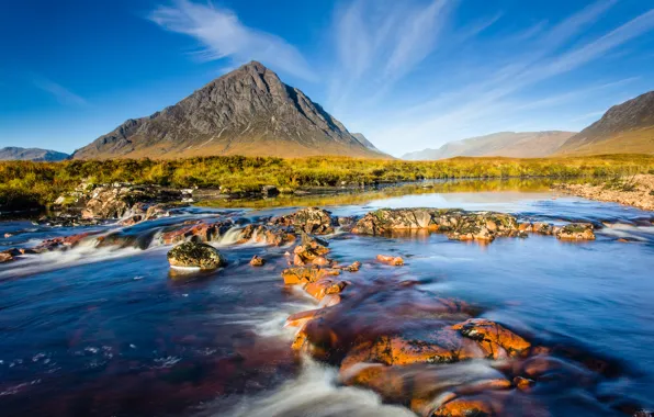 Небо, природа, река, камни, гора, шотландия
