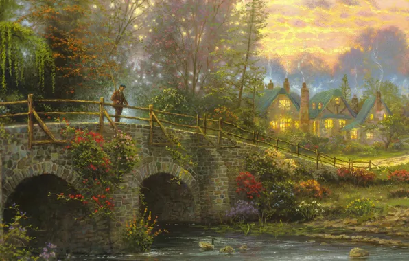 Мост, река, дома, рыбак, вечер, живопись, искусство, Thomas Kinkade