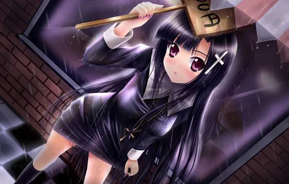 Girl, wet, rain, long hair, dress, anime, beautiful, purple eyes