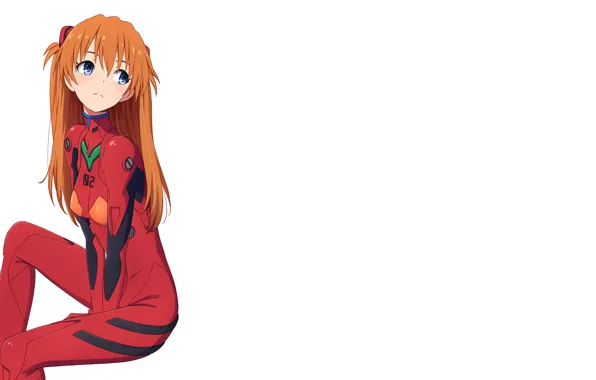 Взгляд, аниме, белый фон, голубые глаза, Neon Genesis Evangelion, Asuka Langley Soryu, рыжеволосая девочка, специальный …