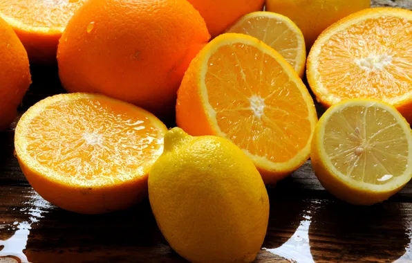 Вода, капли, стол, апельсины, фрукты, цитрусы, лимоны