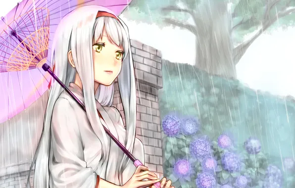 Картинка девушка, дождь, зонт, аниме, арт, кимоно, kantai collection, shoukaku