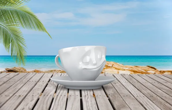 Beach, ocean, coffee, cup of coffee