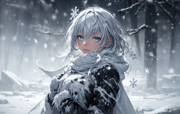 Снег, деревья, аниме, голубые глаза, trees, anime, blue eyes, snow