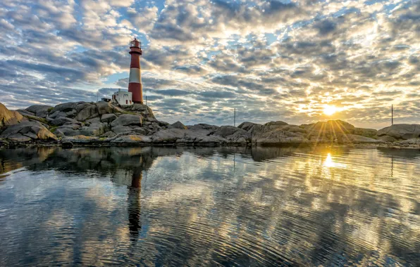 Картинка море, закат, камни, маяк, Норвегия, Norway