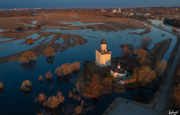 Картинка дорога, пейзаж, природа, река, весна, церковь, разлив, берега