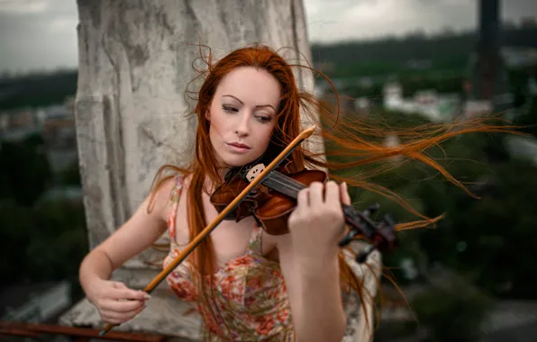 Картинка скрипка, рыжеволосая девушка, Георгий Чернядьев, The music of wind