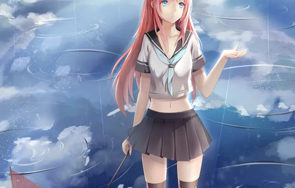 Картинка небо, девушка, облака, дождь, зонт, аниме, арт, форма