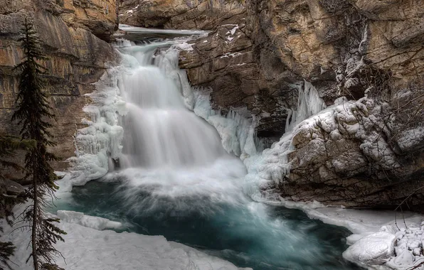 Картинка лед, зима, горы, река, скалы, поток