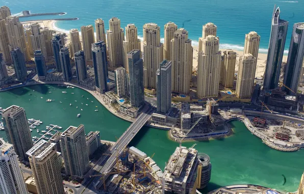 Картинка море, мост, побережье, здания, Дубай, Dubai, небоскрёбы, ОАЭ