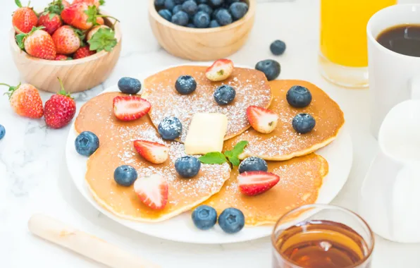 Ягоды, еда, завтрак, блины, сахарная пудра, оладьи, Breakfast