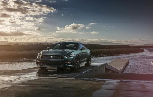 Mustang, Ford, Muscle, Car, Front, Sunset, Wheels, 2015