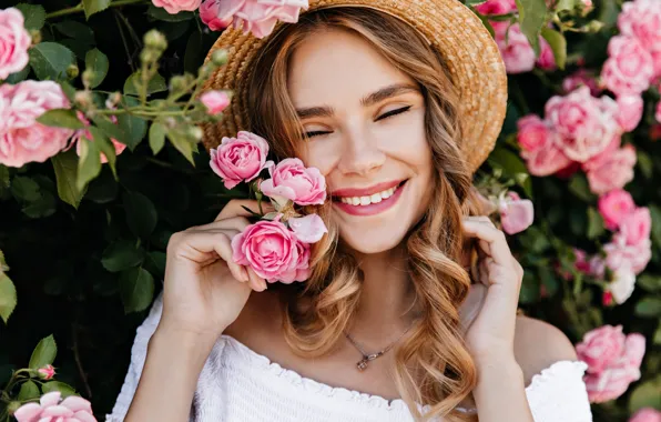 Лето, девушка, радость, цветы, улыбка, розы, позитив, шляпа