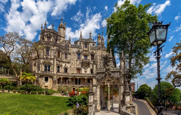 Небо, деревья, фонарь, Португалия, дворец, Portugal, Quinta da Regaleira