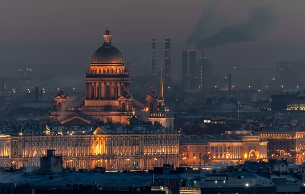 Ночь, город, здания, дома, Питер, освещение, Санкт-Петербург, купол