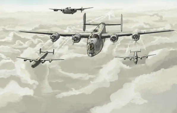 Облака, арт, полёт, бомбардировщики, USAF, Consolidated, B-24 Liberator