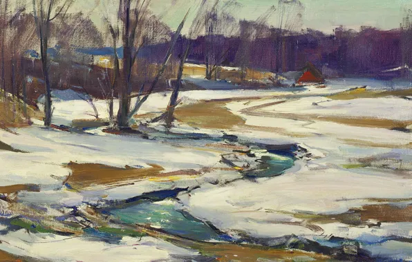 Картинка пейзаж, природа, картина, импрессионизм, Ручей и Тающий Снег, Carl William Peters