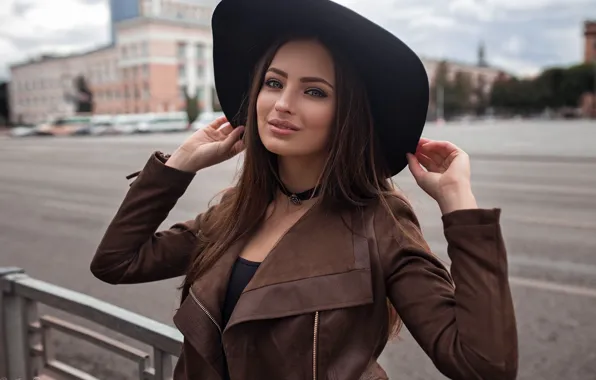 Дорога, поза, модель, портрет, шляпа, макияж, куртка, прическа